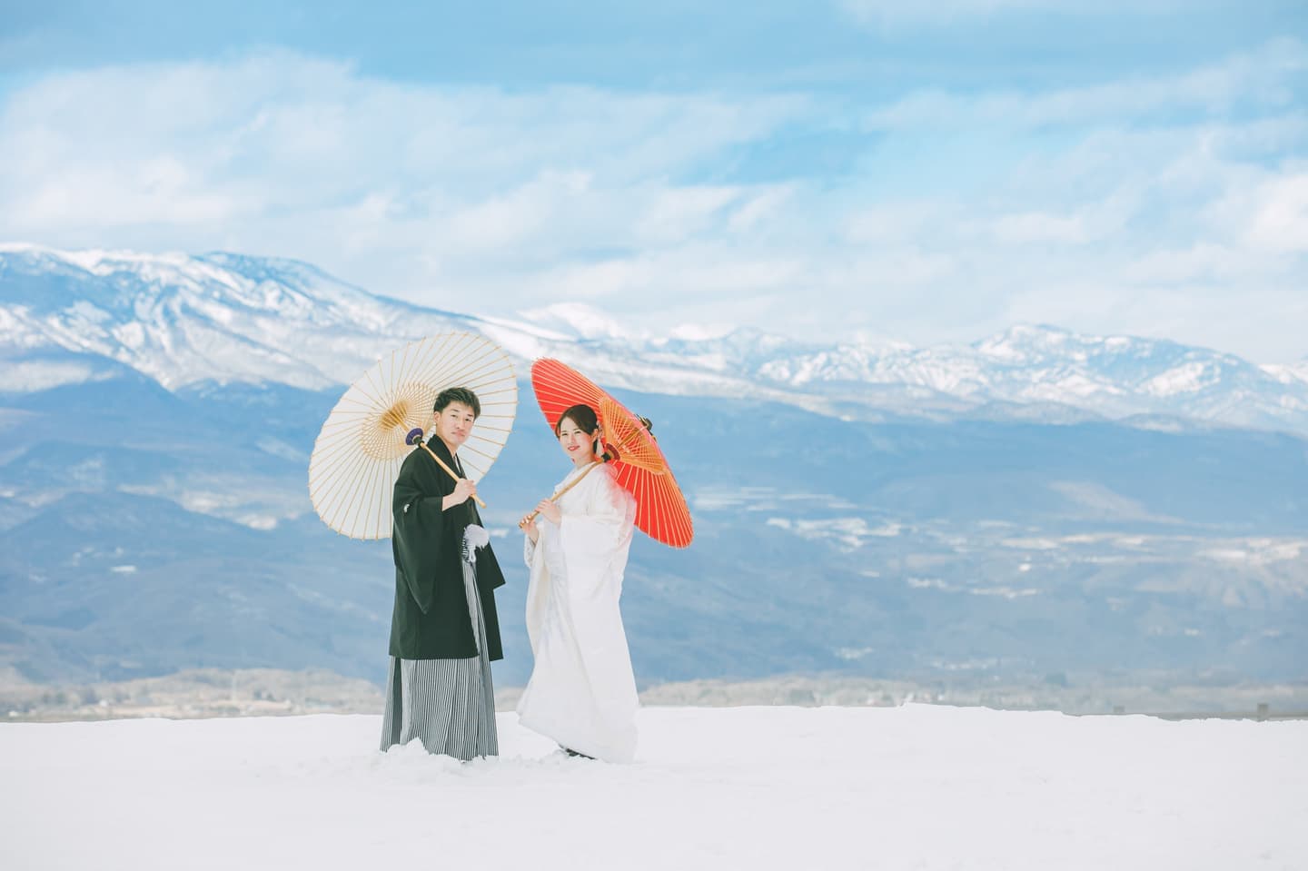 和装で雪の中での軽井沢ウェディングロケ